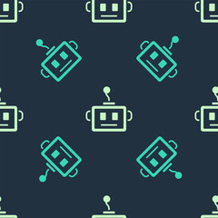 Green and beige Artificial intelligence robot icon isolated seamless pattern on blue background. Machine learning, cloud computing. Vector