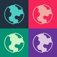 Pop art Earth globe icon isolated on color background. World or Earth sign. Global internet symbol. Geometric shapes. Vector