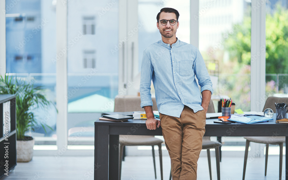 Aufkleber business, portrait and smile with designer man in creative workplace as professional web developer. 