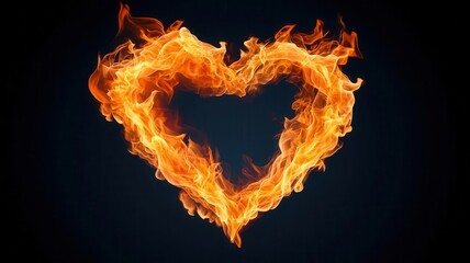 Neon heart on fire, with flickering red and orange lights, creating a dynamic and passionate visual on a dark background