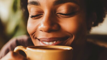 Serene Woman Enjoying Aromatic Coffee in Cozy Cafe