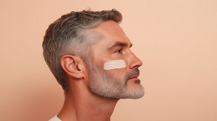 Man applying facial cream while standing against a peach-colored wall in a well-lit room during daytime