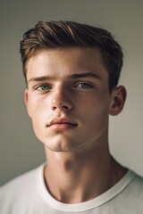 Fototapeta premium Thoughtful young man with clean shaven face in minimalist studio lighting