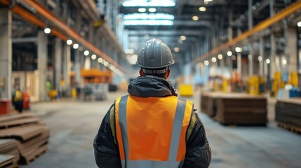 Construction worker assessing a spacious warehouse during daylight with safety gear and reflective jacket