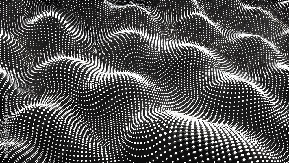 Poster a moving digital 3d wave. futuristic dark background with dynamic black particles. the concept of bi