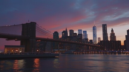 Sunset view of Brooklyn Bridge with the New York City skyline and vibrant colors illuminating the evening sky