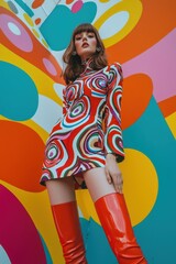 Vibrant and Playful 1960s Mod Fashion Woman in Swirling Patterned Dress Against Colorful Abstract