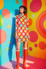 Vibrant Polka Dot Dress Worn by Fashionable Woman in Studio with Colorful Abstract Background