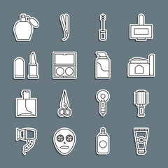 Set line Lotion cosmetic tube, Hairbrush, Cream, Mascara, Makeup powder with mirror, Lipstick, Perfume and icon. Vector