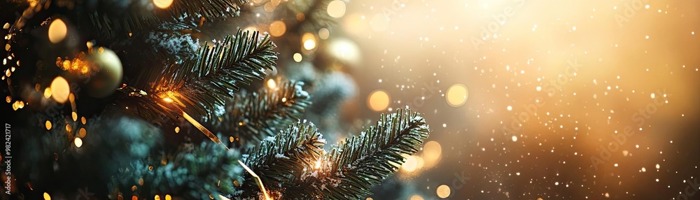 Poster beautiful close-up of a christmas tree adorned with festive lights and snowflakes, creating a warm h