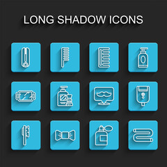 Set line Hairbrush, Bow tie, Curling iron for hair, Aftershave bottle with atomizer, Towel, Shaving gel foam and, Electric razor blade men and Barbershop icon. Vector