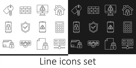 Set line Server, Data, Web Hosting, Password protection, Monitor with exclamation mark, Shield check, Mobile closed padlock, Marked key, and Firewall, security wall icon. Vector