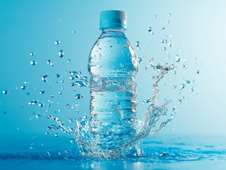 A plastic water bottle being splashed with clear, clean, and refreshing blue liquid