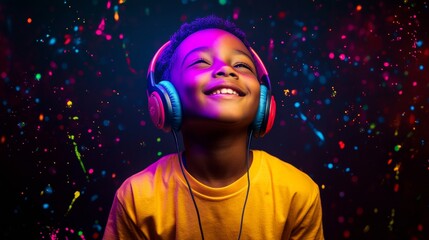 Happy Boy Listening to Music with Headphones.
