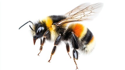 A colorful bumblebee in flight, fuzzy body visible, suspended in mid-air with a white background