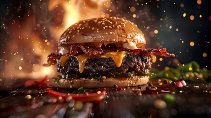 Cheeseburger with Bacon and Fire Background.
