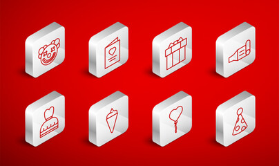 Set line Party hat, Postcard with heart, Gift box, Birthday party horn, Balloons in form of, Clown head, Ice cream waffle cone and Woman dress icon. Vector