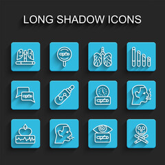 Set line Heartbeat increase, Man coughing, Disease lungs, Hypnosis, Bones and skull, Electronic cigarette, smoking and No time icon. Vector