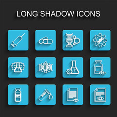 Set line Medical vial, ampoule, Test tube with drop of blood, Syringe, Paper page eye, Genetic engineering, Medicine bottle and pills and Bioengineering icon. Vector