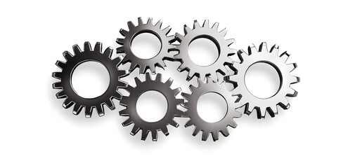 A network of gears, symbolizing teamwork and innovation, detailed metallic design, isolated on white background