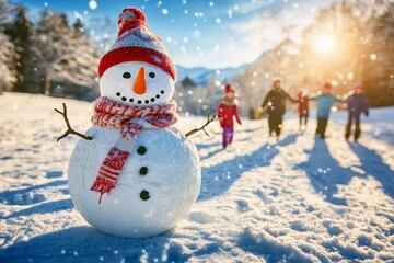Fototapeta premium Snowman with a carrot nose and scarf and kids playing around in a snowy field.