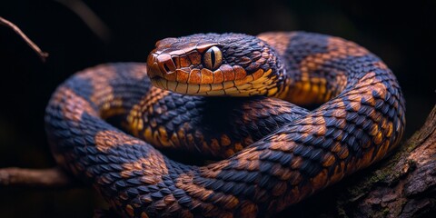 Fototapeta premium A beautiful close-up of a vibrant snake resting on a branch. The scales shine in blue and orange hues. This image captures the uniqueness of nature and wildlife. Perfect for animal lovers. AI