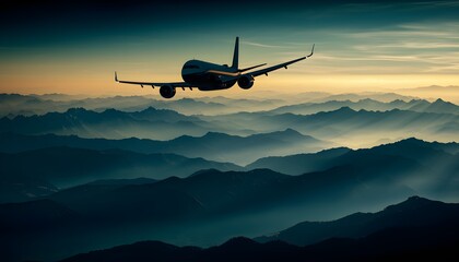 Fototapeta na wymiar Air cargo plane flying above mountain range, global trade route, 3D illustration