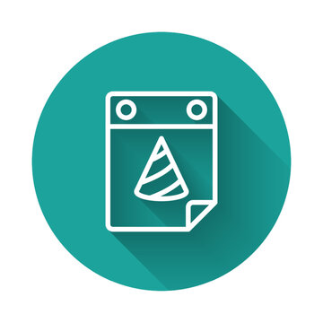 recommend clip art: White line Calendar party icon isolated with long shadow background. Event reminder symbol. Green circle button. Vector