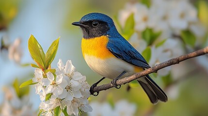 Obraz premium A Small Blue and Yellow Bird Perched on a Branch with Delicate White Blossoms
