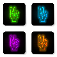 Glowing neon line Hand showing two finger icon isolated on white background. Hand gesture V sign for victory or peace. Black square button. Vector