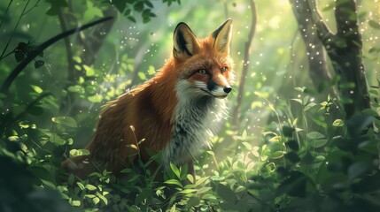 Fototapeta premium A red fox standing amidst lush green foliage in a sunlit forest, with soft dappled light filtering through the trees, Ai Generation
