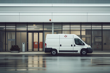 Fototapeta premium White delivery van parked outside a modern commercial building, reflecting urban logistics and transport efficiency