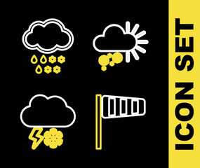 Set line Cloudy with snow, Cone windsock wind vane, and lightning and rain icon. Vector