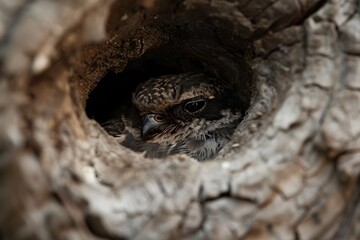 Fototapeta premium Close-up portrait of a bird looking at the camera from a tree trunk. The watchful eyes of a baby bird waiting to be fed.