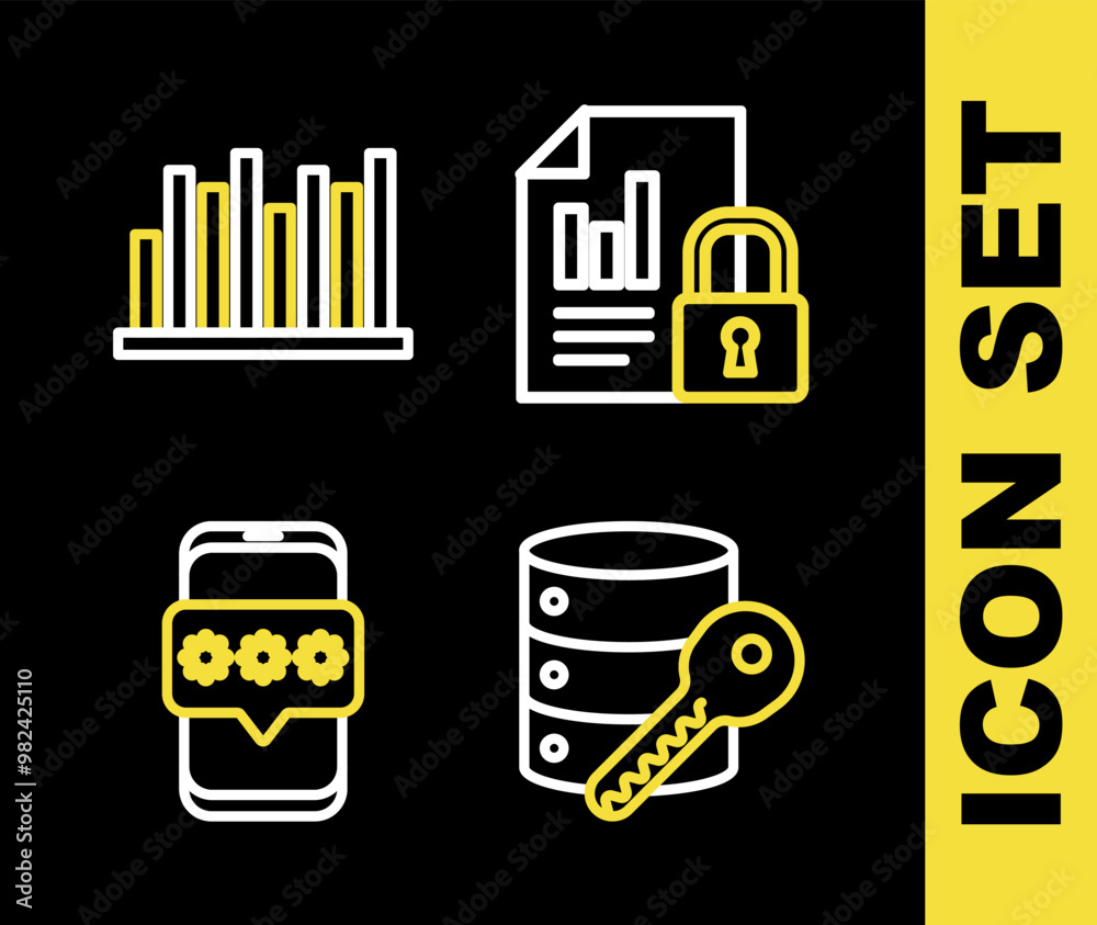 Poster set line document and lock, server security with key, mobile password and pie chart infographic icon