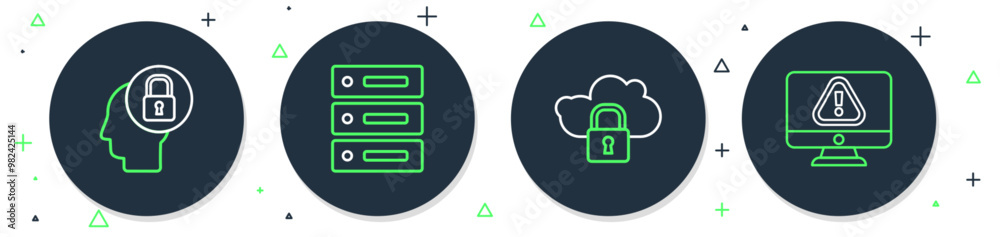 Poster set line server, data, web hosting, cloud computing lock, human head with and monitor exclamation ma