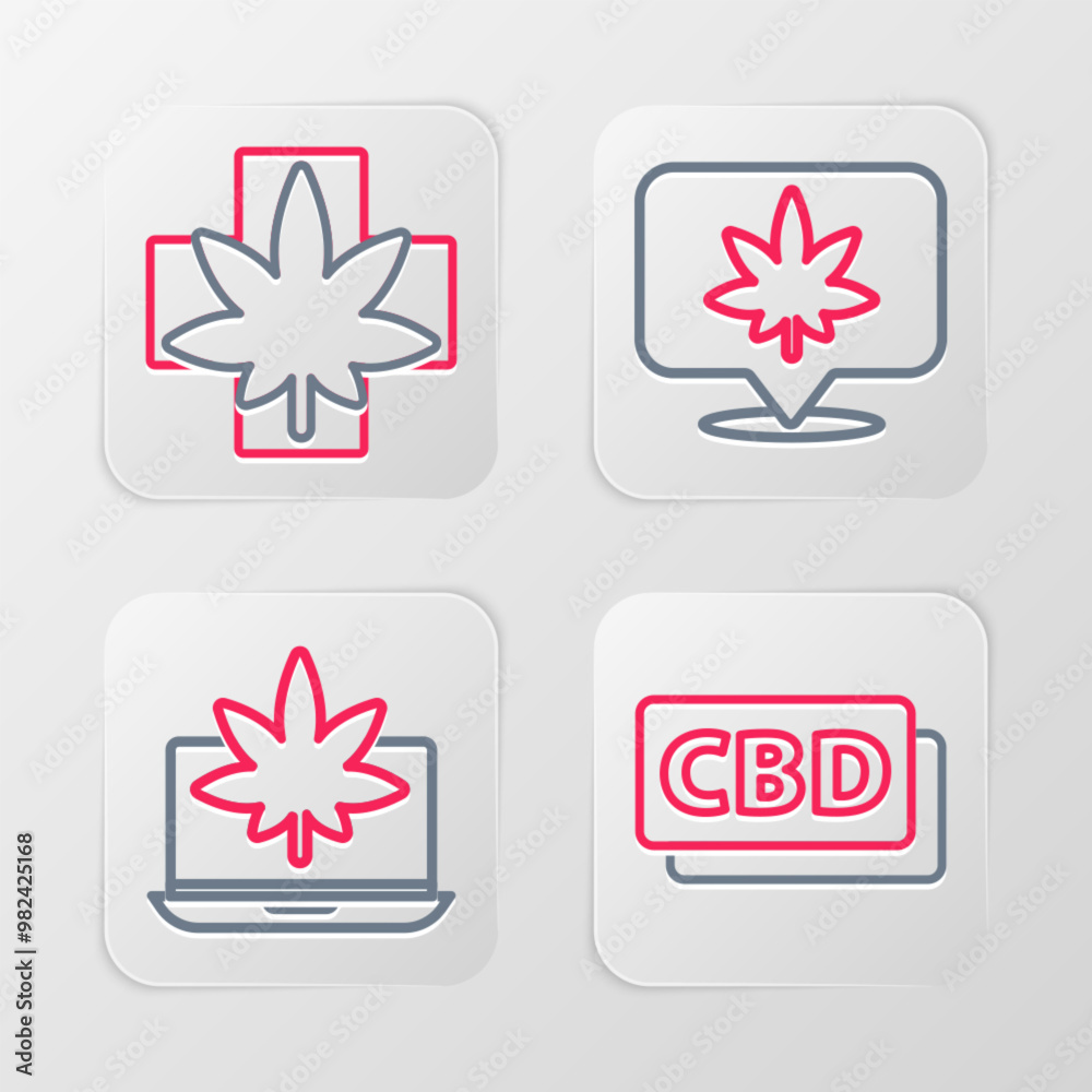 Wall mural set line cannabis molecule, laptop and marijuana or cannabis, location and medical leaf icon. vector