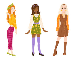 Stylish women in vintage 60s style. Confident retro female characters. 1960s fashion teenager girls vector illustration. Hippie girls wear colourful clothes