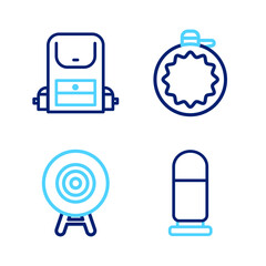 Set line Bullet, Target sport, Canteen water bottle and Hiking backpack icon. Vector