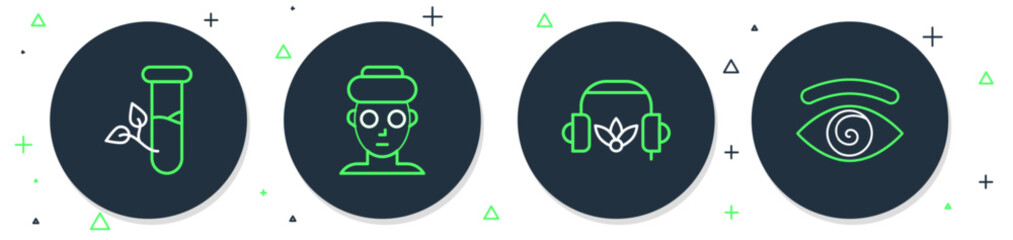 Set line Facial cosmetic mask, Headphones for meditation, Laboratory glass and leaves and Hypnosis icon. Vector
