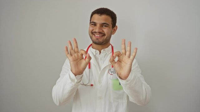 Young, hispanic, man, makes, ok, gesture, with, hands, while, wearing, white, lab, coat, and, stethoscope, over, isolated, white, background