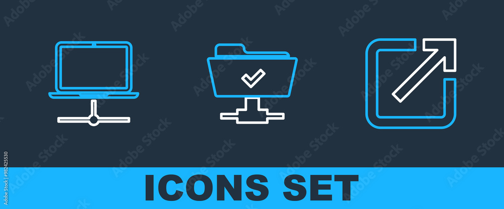 Poster set line open in new window, computer network and ftp operation successful icon. vector