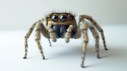 Fototapeta premium A lifelike jumping spider with visible eyes and fur, standing still against a white surface