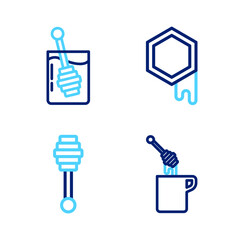 Set line Honey dipper stick with honey, Honeycomb and icon. Vector