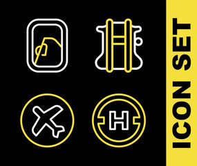 Set line Parachute, Helicopter landing pad, Plane and Airplane window icon. Vector