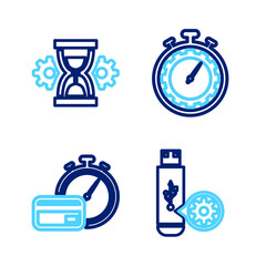 Set line USB flash drive setting, Fast payments, Time management and Hourglass icon. Vector