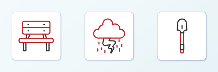 Set line Shovel, Bench and Storm icon. Vector