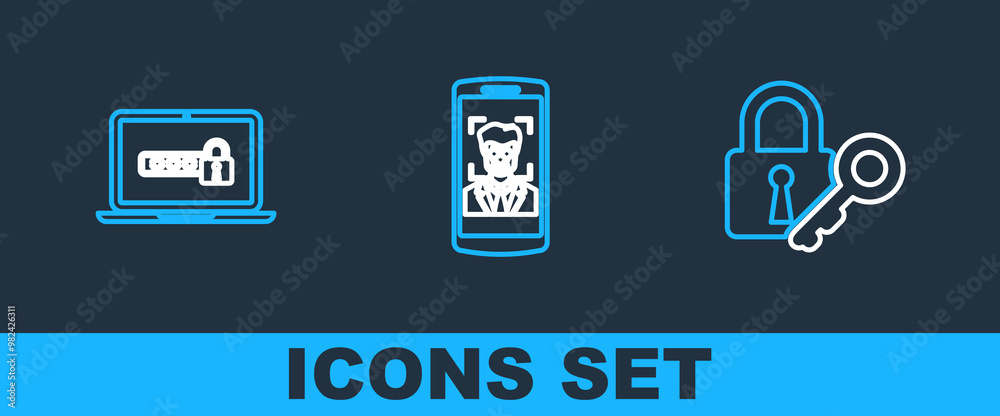 Poster set line lock and key, laptop with password and mobile face recognition icon. vector