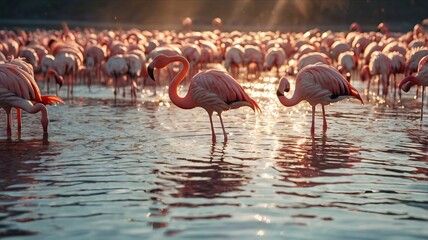 Naklejka premium flamingos calmly walking with their feet partially submerged in lake, soft and magical lighting of a fresh morning, amazing sun