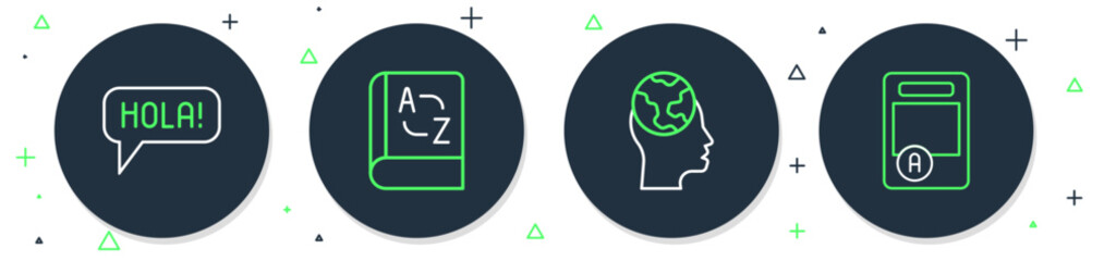 Set line Translator book, Learning foreign languages, Hola different and Exam sheet with A plus grade icon. Vector © vector_v